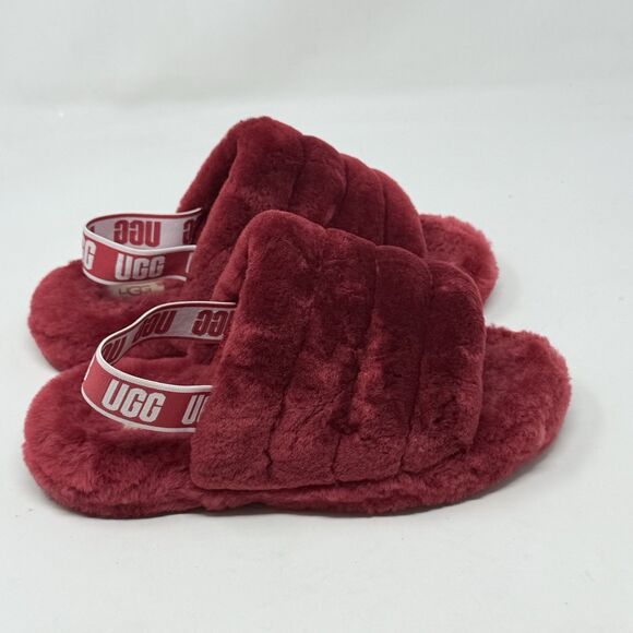 UGG Fluff Yeah Shearling Slingback Slippers Kids Girls 6 Burgundy Red Open Toe - Picture 1 of 14